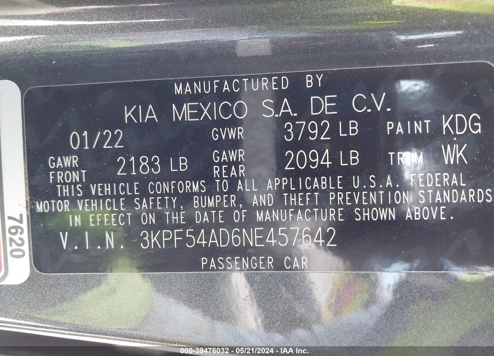 2022 KIA FORTE GT LINE VIN: 3KPF54AD6NE457642