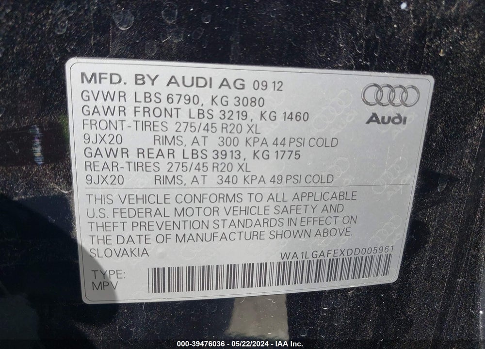2013 AUDI Q7 3.0T PREMIUM VIN: WA1LGAFEXDD005961