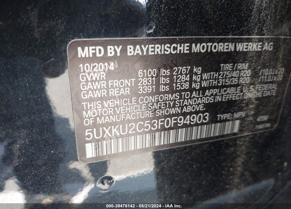2015 BMW X6 XDRIVE35I VIN: 5UXKU2C53F0F94903
