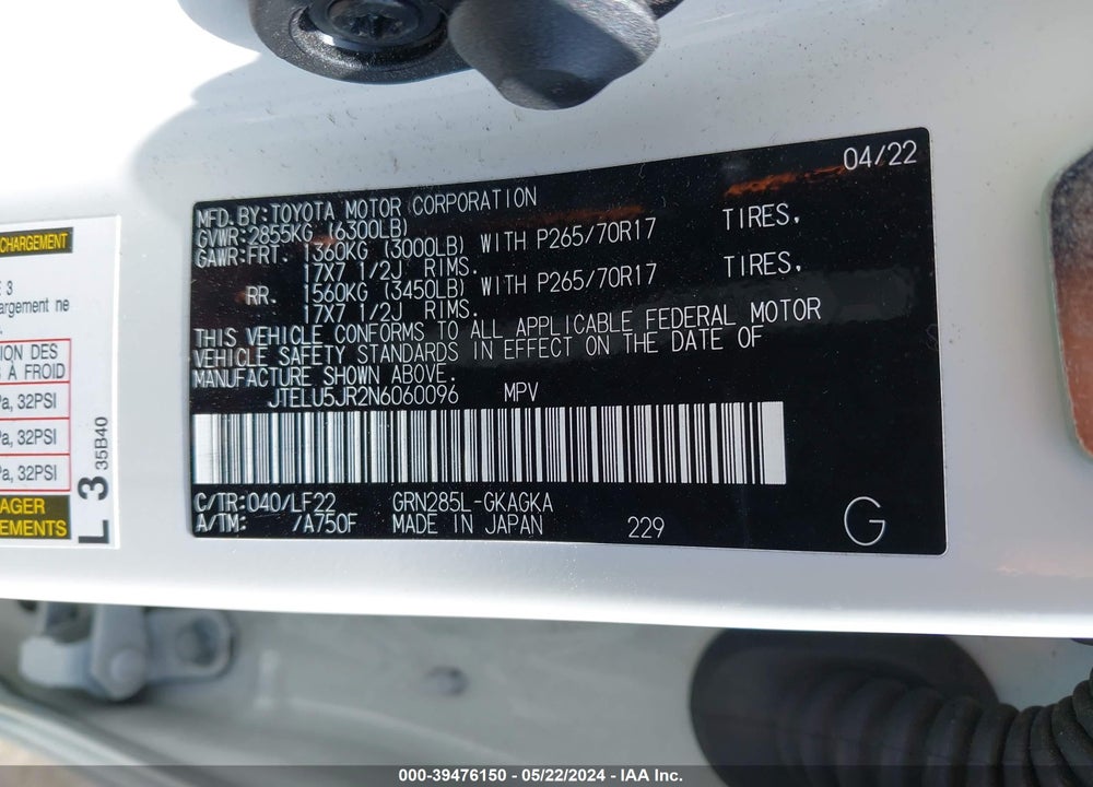 2022 TOYOTA 4RUNNER TRD PRO VIN: JTELU5JR2N6060096