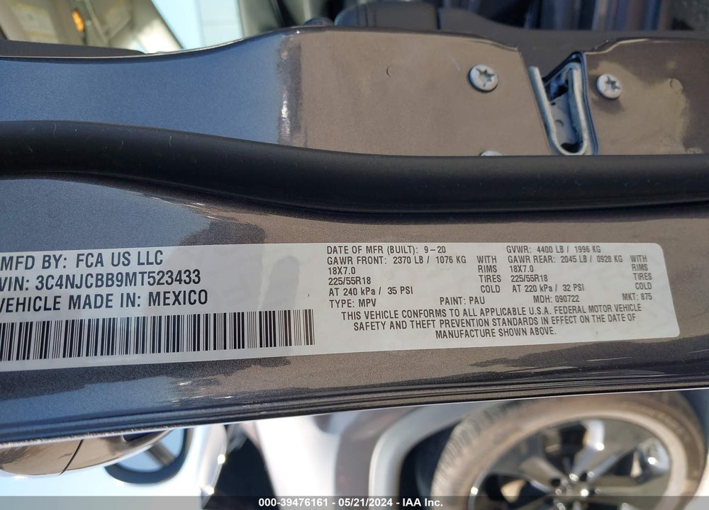 2021 JEEP COMPASS ALTITUDE FWD VIN: 3C4NJCBB9MT523433