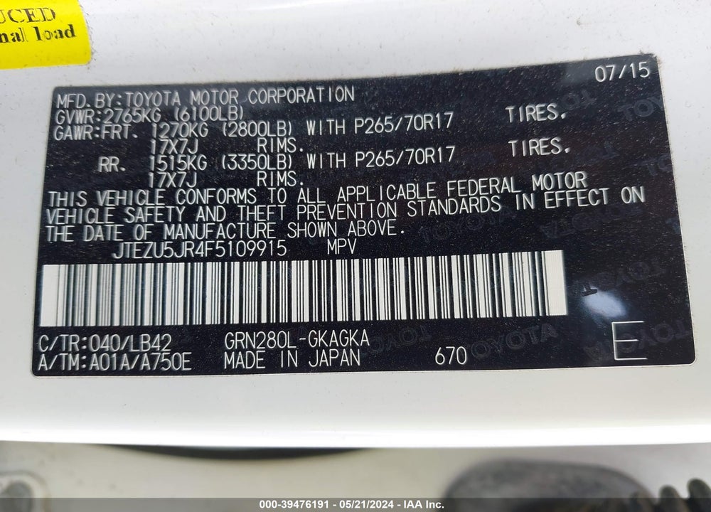 2015 TOYOTA 4RUNNER SR5 PREMIUM VIN: JTEZU5JR4F5109915