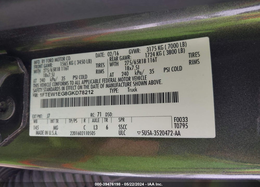 2016 FORD F-150 XLT VIN: 1FTEW1EG8GKD78212