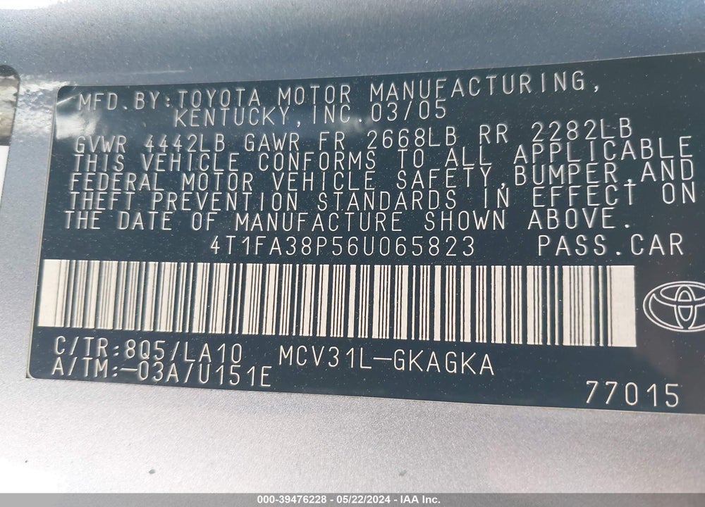 2006 TOYOTA CAMRY SOLARA SLE VIN: 4T1FA38P56U065823