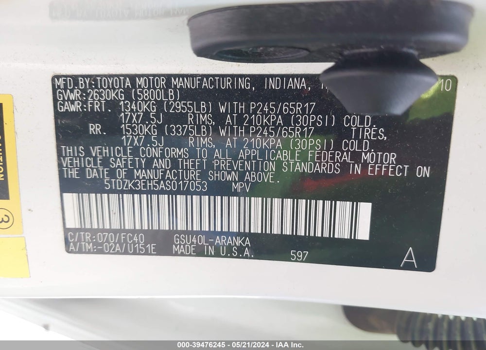 2010 TOYOTA HIGHLANDER BASE V6 VIN: 5TDZK3EH5AS017053