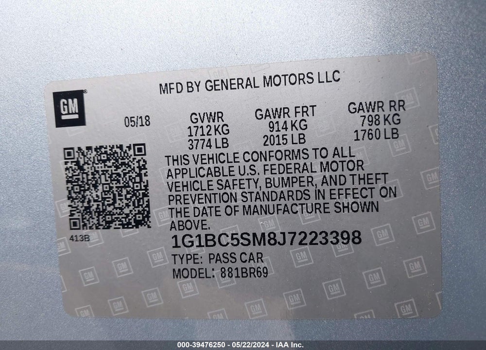 2018 CHEVROLET CRUZE VIN: 1G1BC5SM8J7223398
