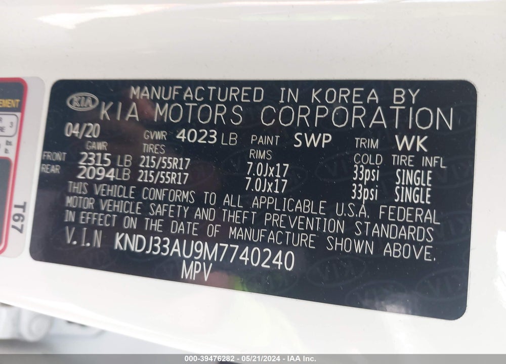 2021 KIA SOUL EX VIN: KNDJ33AU9M7740240