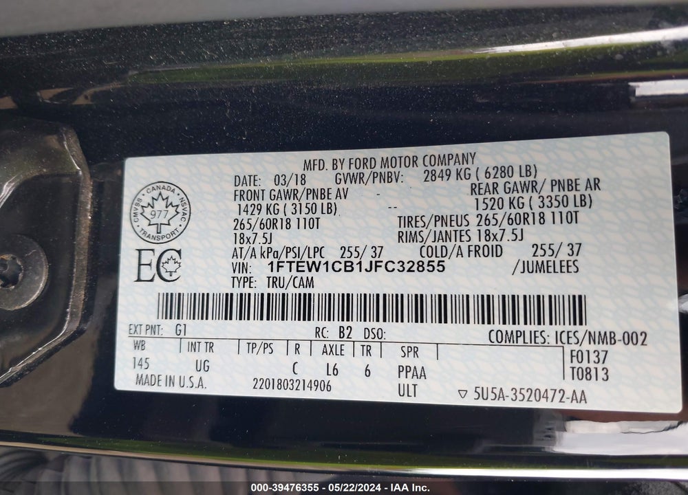 2018 FORD F-150 XLT VIN: 1FTEW1CB1JFC32855