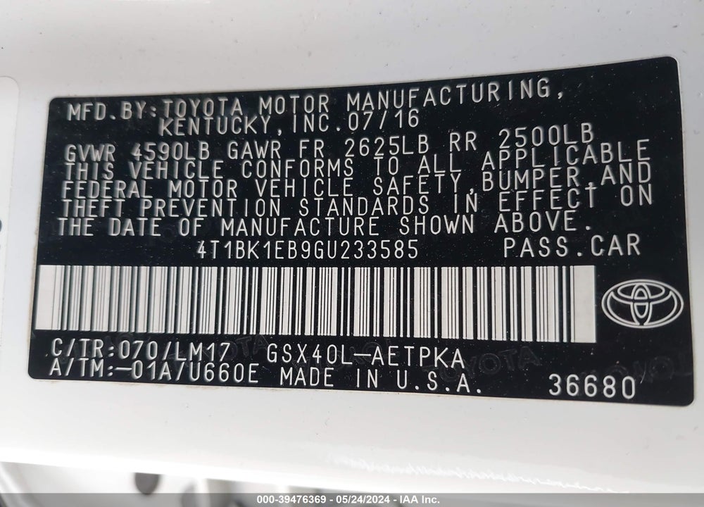 2016 TOYOTA AVALON LIMITED VIN: 4T1BK1EB9GU233585