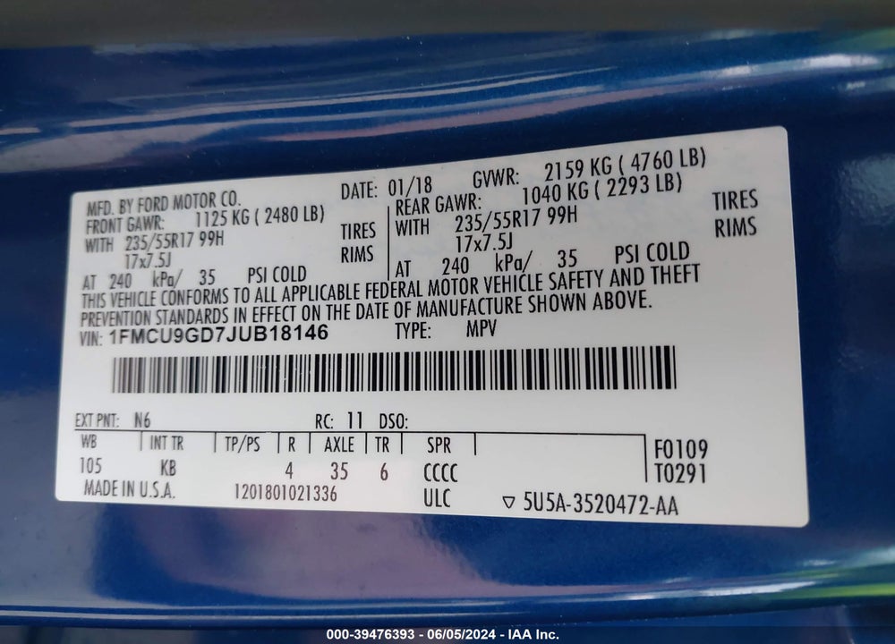 2018 FORD ESCAPE SE VIN: 1FMCU9GD7JUB18146