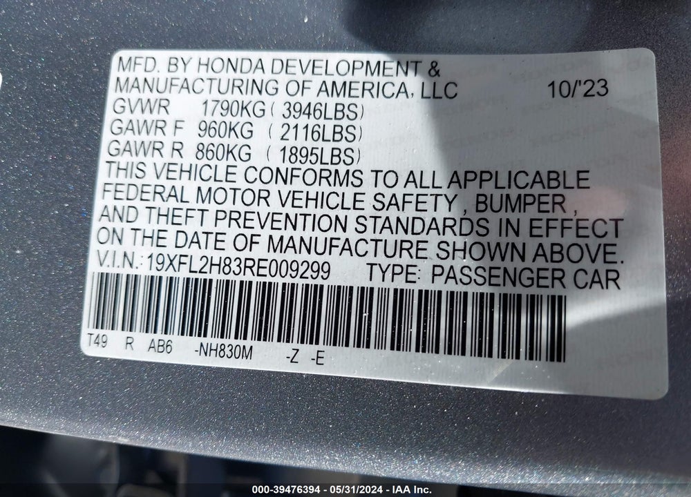 2024 HONDA CIVIC VIN: 19XFL2H83RE009299