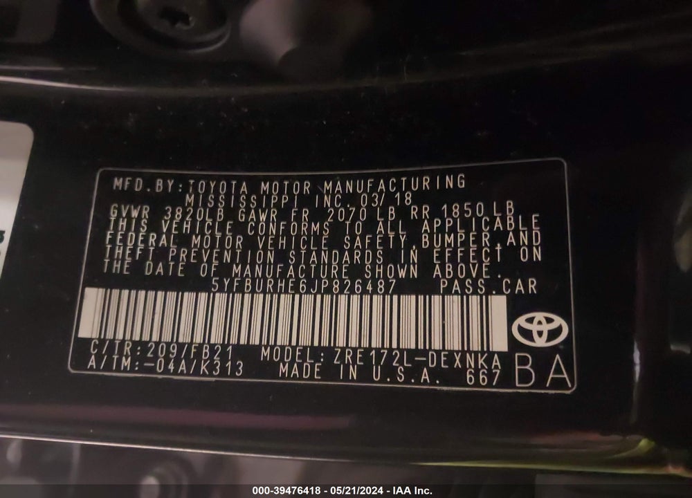 2018 TOYOTA COROLLA LE VIN: 5YFBURHE6JP826487