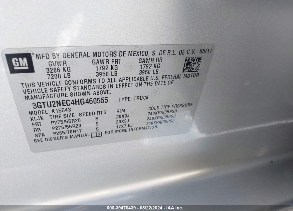 2017 GMC SIERRA 1500 SLT VIN: 3GTU2NEC4HG460555
