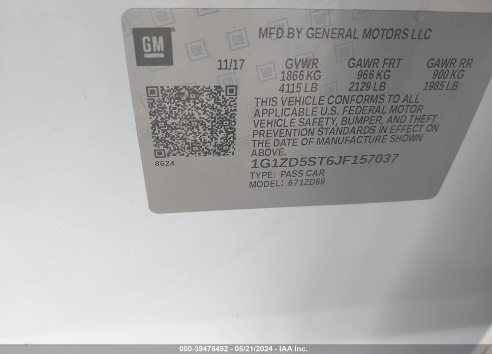 2018 CHEVROLET MALIBU LT VIN: 1G1ZD5ST6JF157037