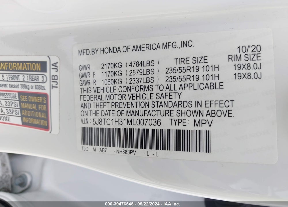 2021 ACURA RDX STANDARD VIN: 5J8TC1H31ML007036