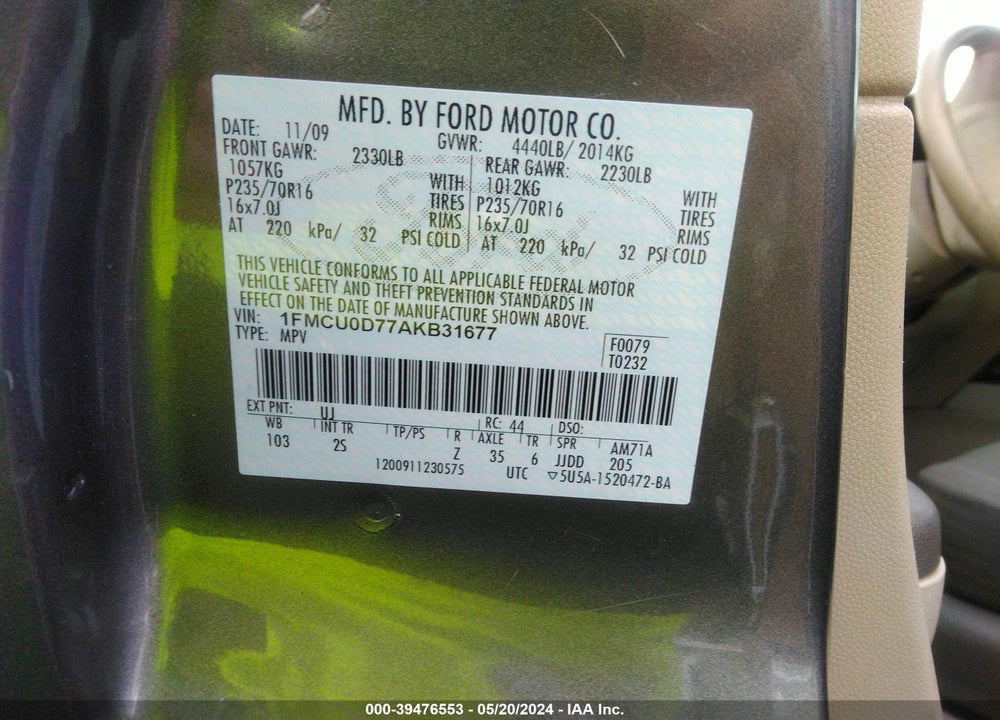 2010 FORD ESCAPE XLT VIN: 1FMCU0D77AKB31677