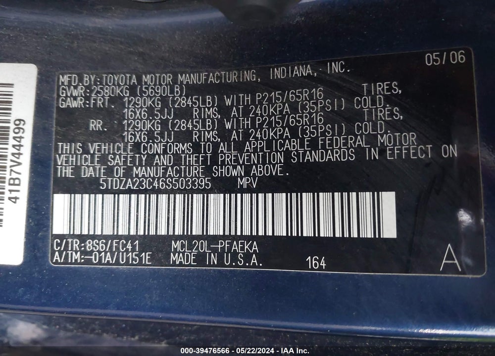 2006 TOYOTA SIENNA VIN: 5TDZA23C46S503395