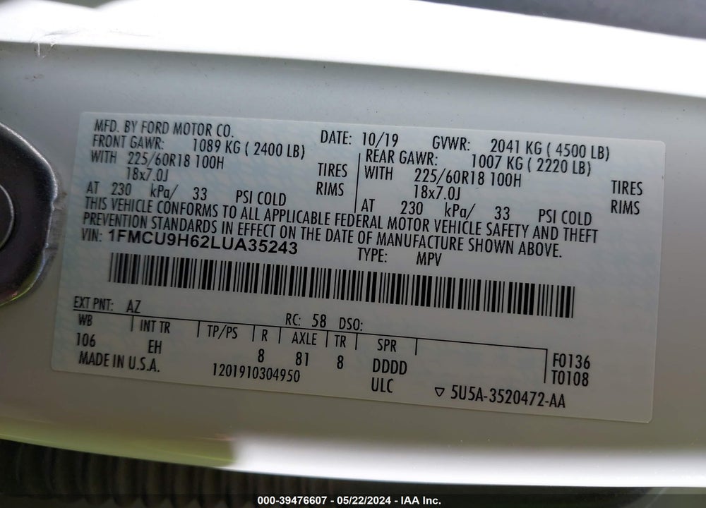 2020 FORD ESCAPE SEL VIN: 1FMCU9H62LUA35243