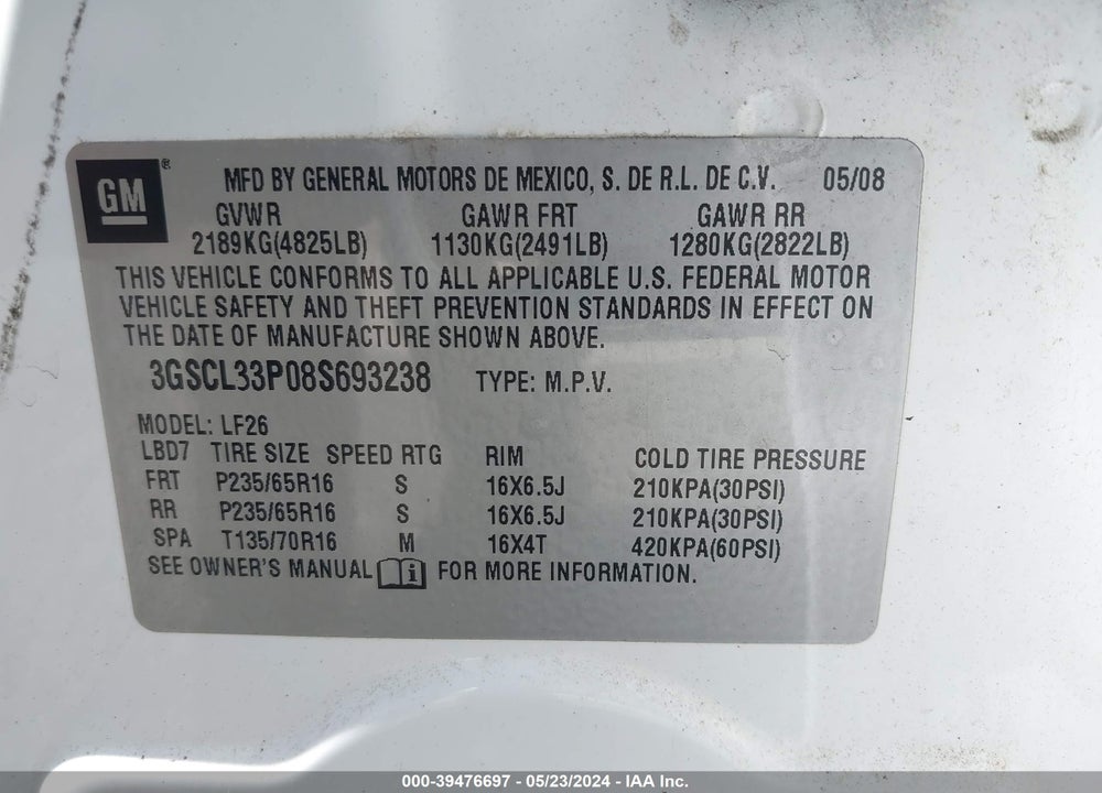 2008 SATURN VUE 4-CYL XE VIN: 3GSCL33P08S693238