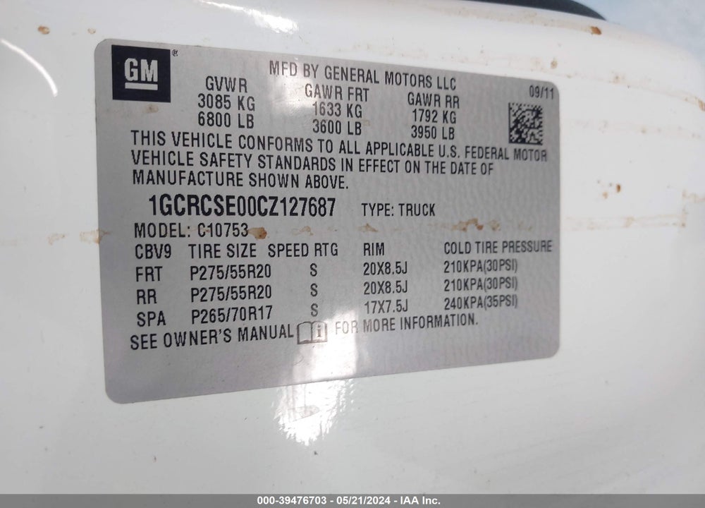 2012 CHEVROLET SILVERADO 1500 VIN: 1GCRCSE00CZ127687