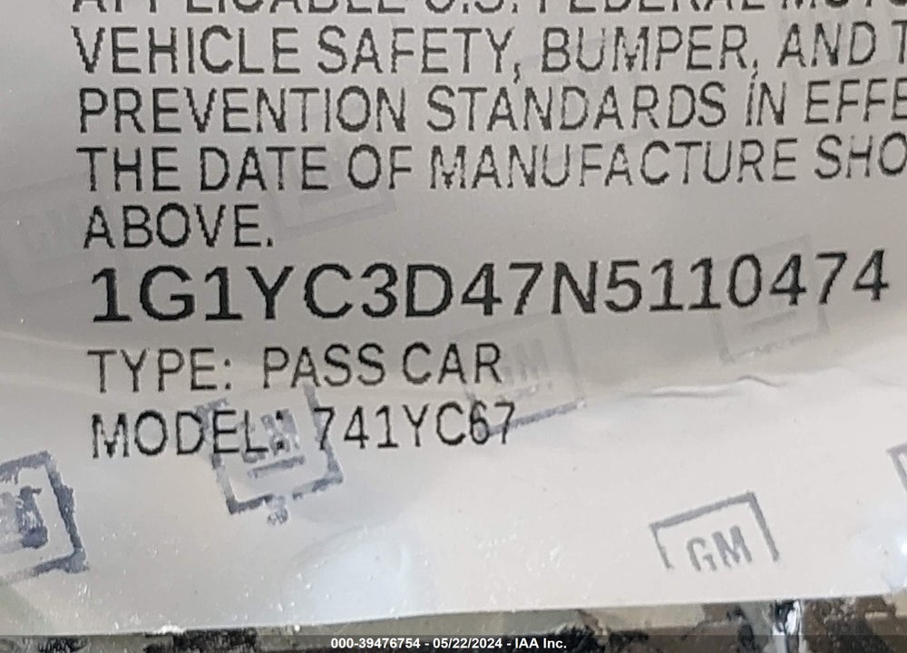 2022 CHEVROLET CORVETTE STINGRAY VIN: 1G1YC3D47N5110474