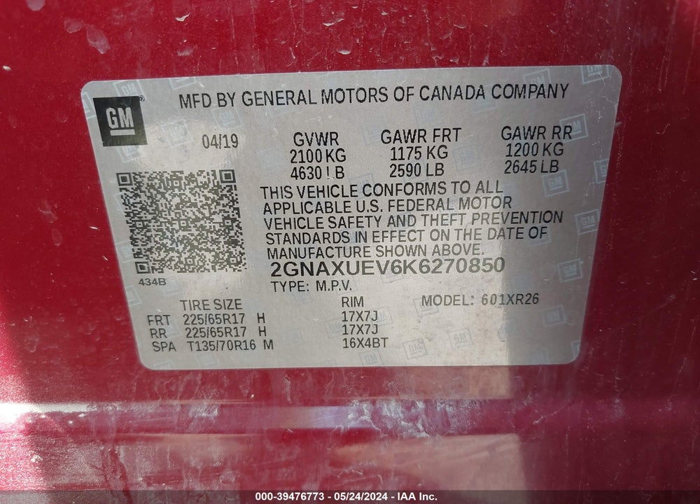 2019 CHEVROLET EQUINOX LT VIN: 2GNAXUEV6K6270850