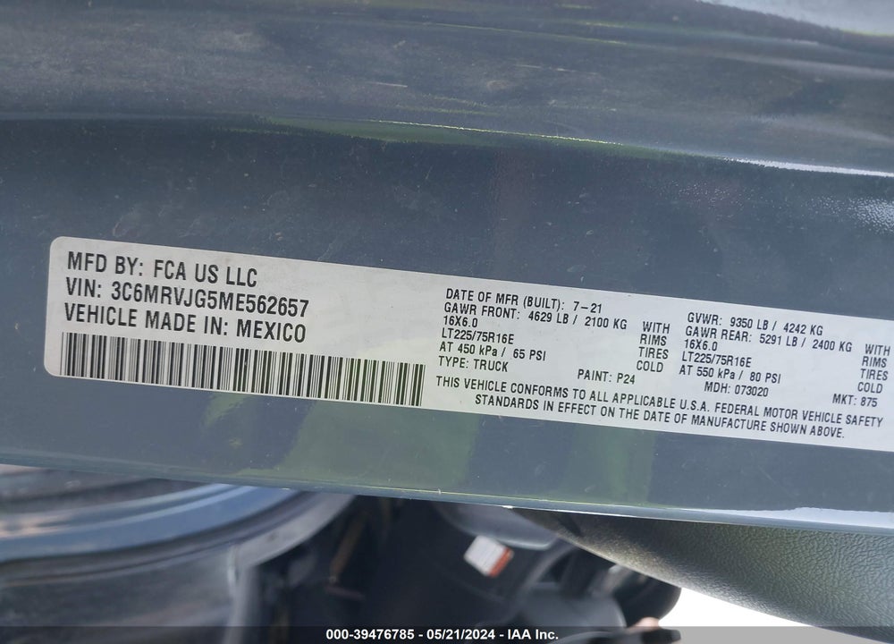 2021 RAM PROMASTER 3500 CARGO VAN HIGH ROOF 159 WB EXT VIN: 3C6MRVJG5ME562657
