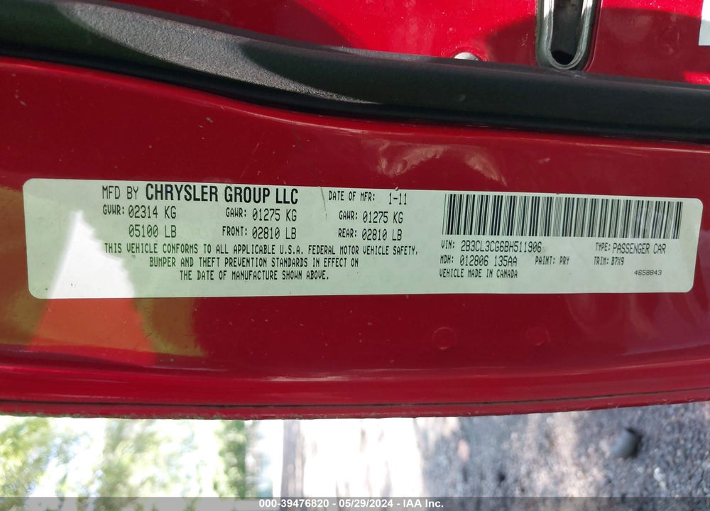 2011 DODGE CHARGER VIN: 2B3CL3CG6BH511906
