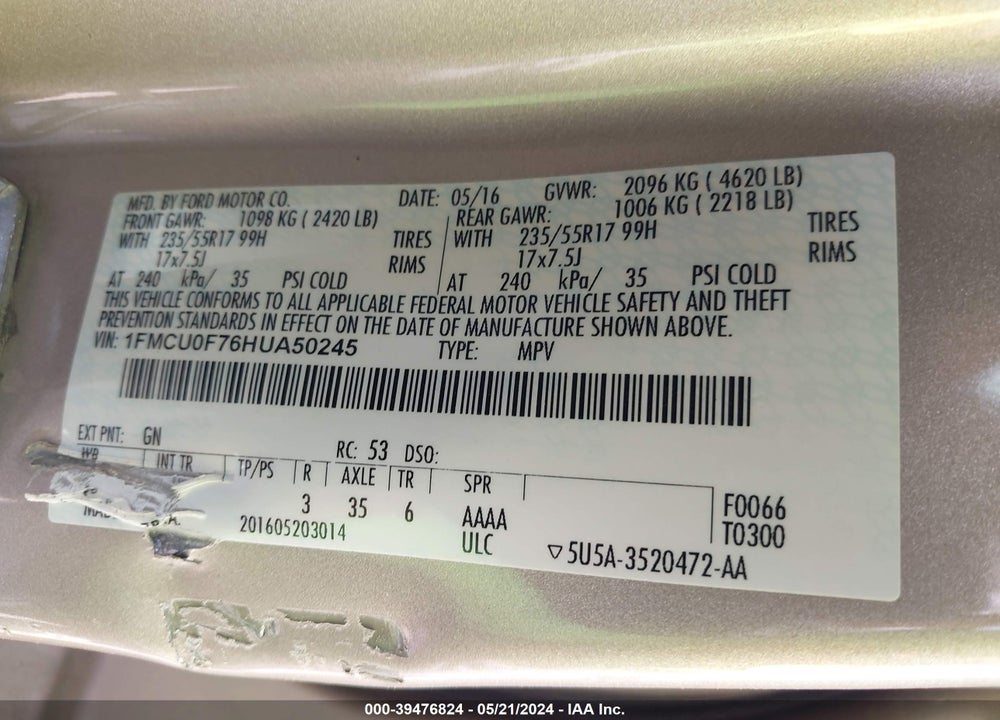 2017 FORD ESCAPE S VIN: 1FMCU0F76HUA50245