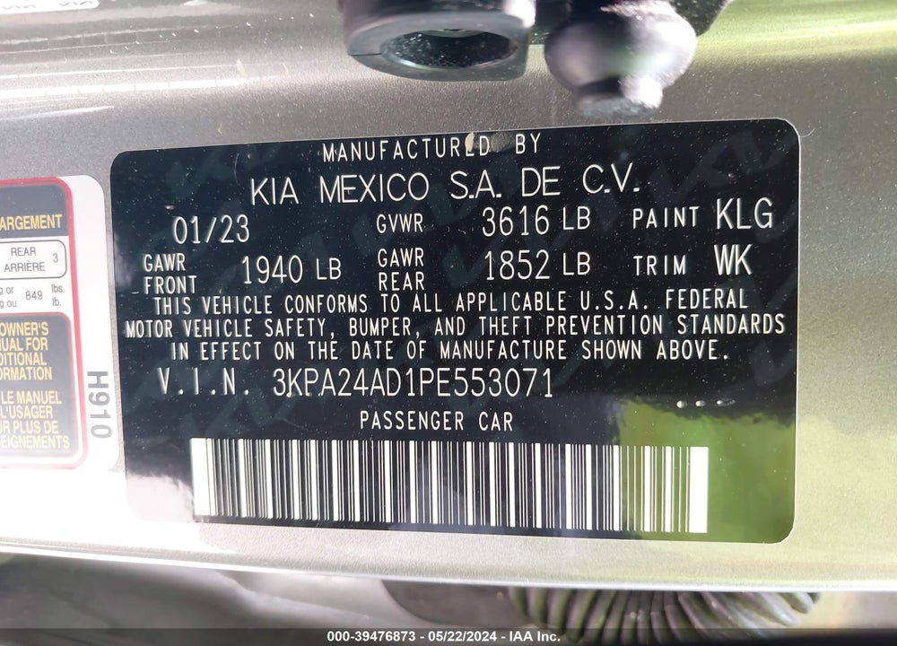 2023 KIA RIO S VIN: 3KPA24AD1PE553071