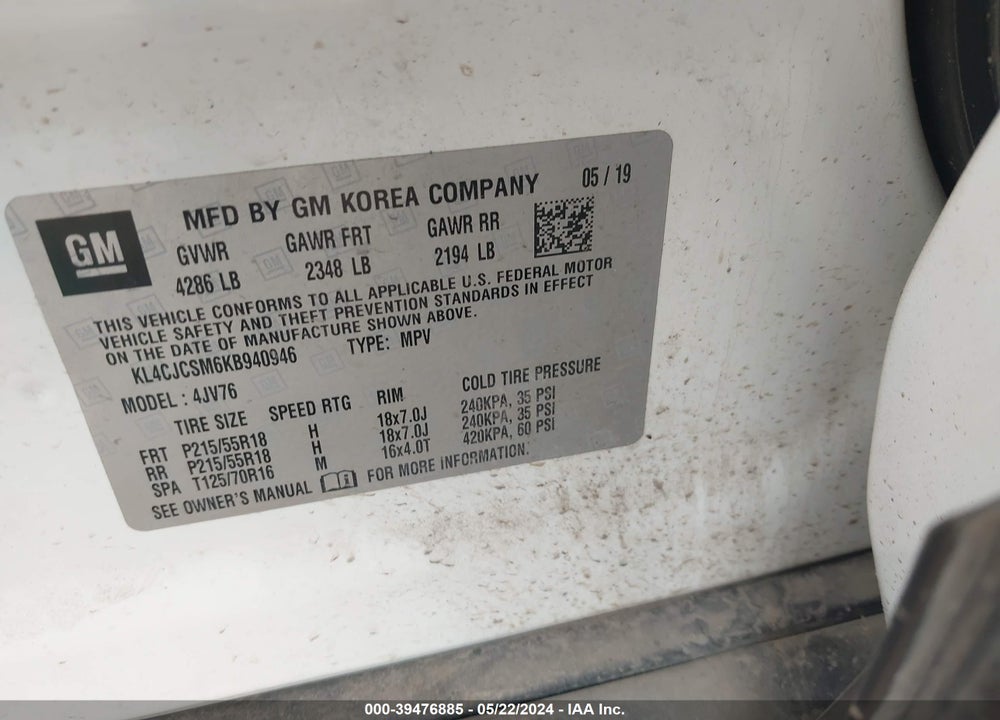 2019 BUICK ENCORE FWD ESSENCE VIN: KL4CJCSM6KB940946