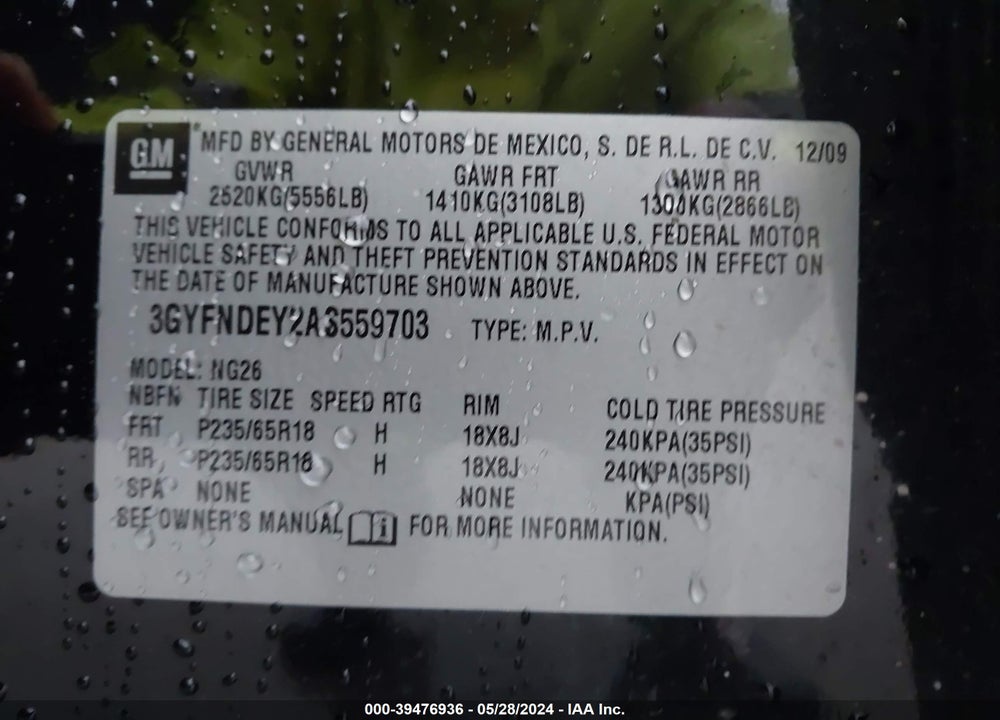 2010 CADILLAC SRX VIN: 3GYFNDEY2AS559703