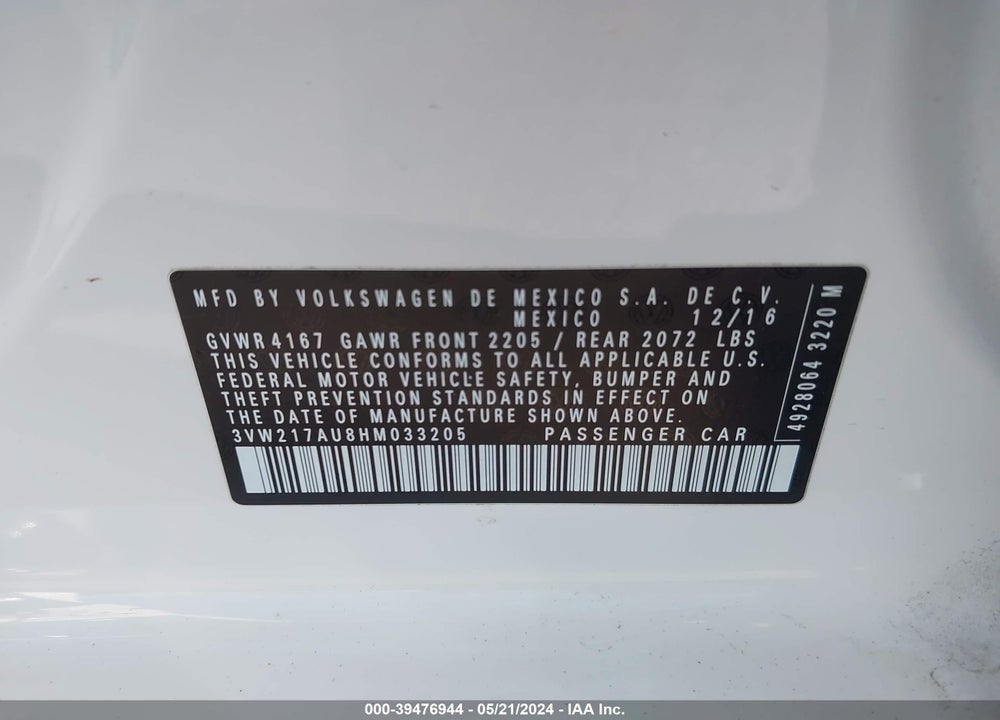 2017 VOLKSWAGEN GOLF TSI S 4-DOOR/TSI SE 4-DOOR/TSI SEL 4-DOOR/TSI WOLFSBURG EDITION 4-DOOR VIN: 3VW217AU8HM033205