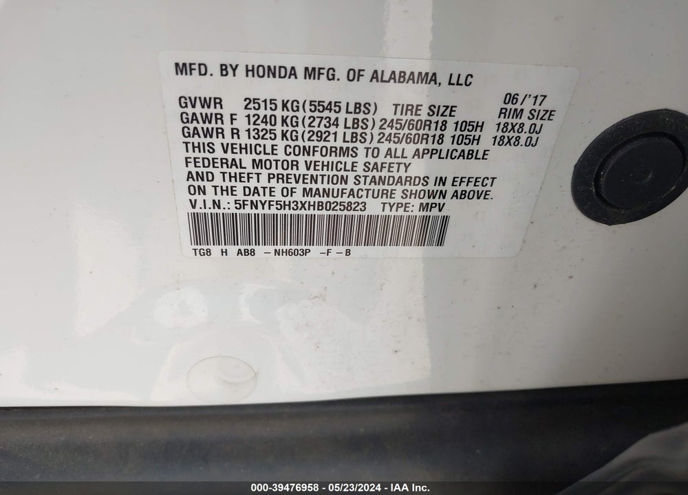 2017 HONDA PILOT EX VIN: 5FNYF5H3XHB025823