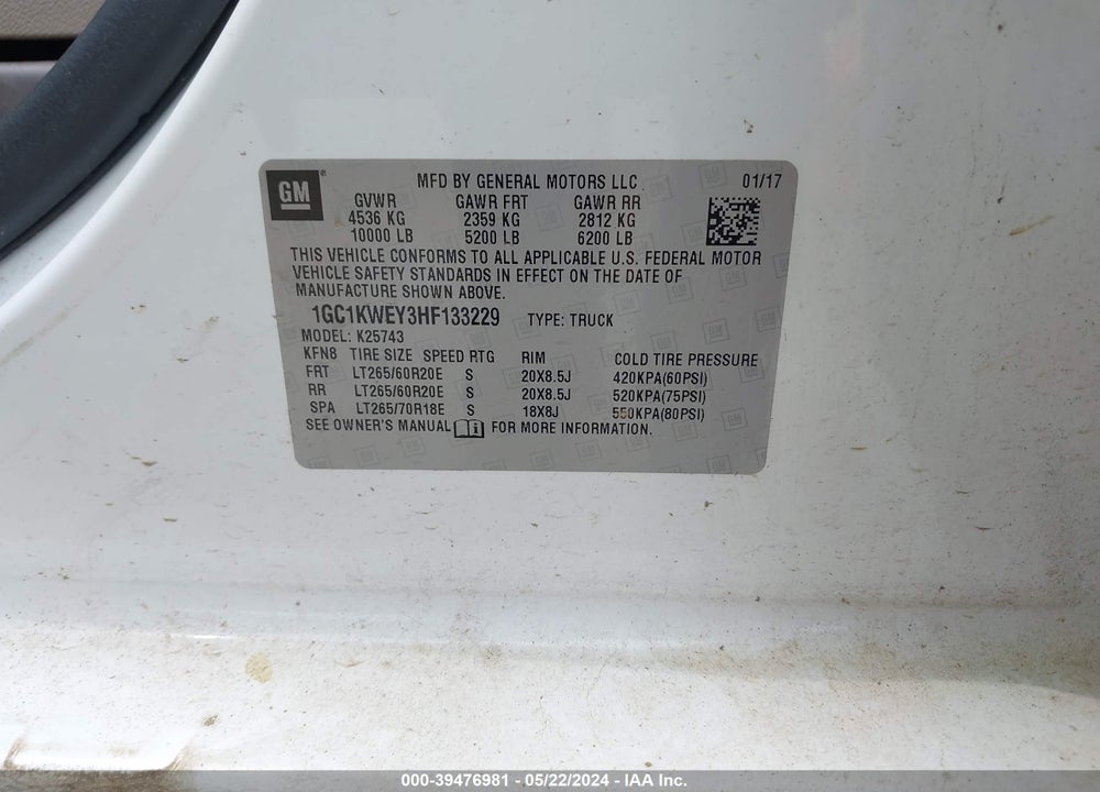 2017 CHEVROLET SILVERADO 2500HD LTZ VIN: 1GC1KWEY3HF133229