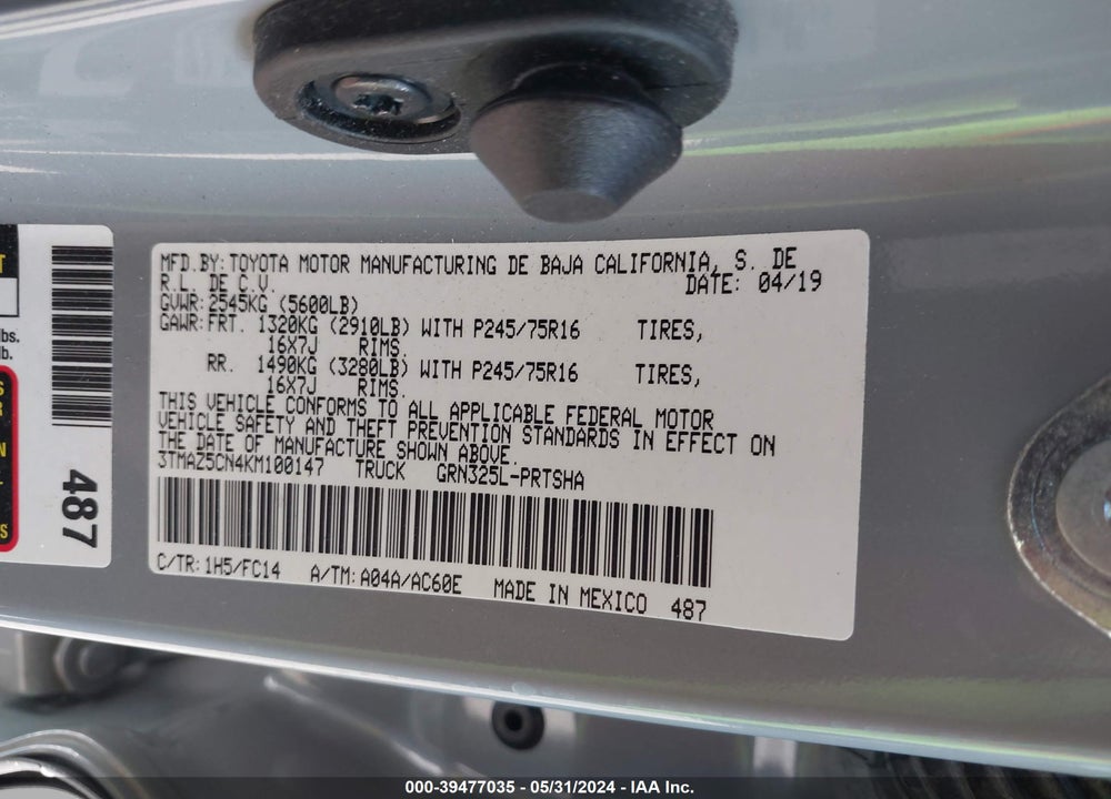 2019 TOYOTA TACOMA SR5 V6 VIN: 3TMAZ5CN4KM100147