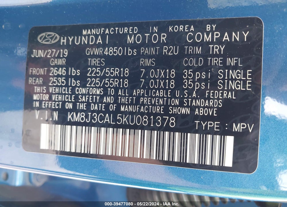 2019 HYUNDAI TUCSON SEL VIN: KM8J3CAL5KU081378