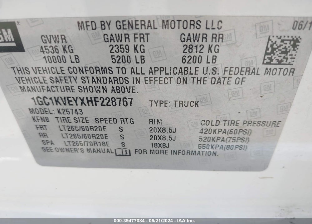 2017 CHEVROLET SILVERADO 2500HD LT VIN: 1GC1KVEYXHF228767