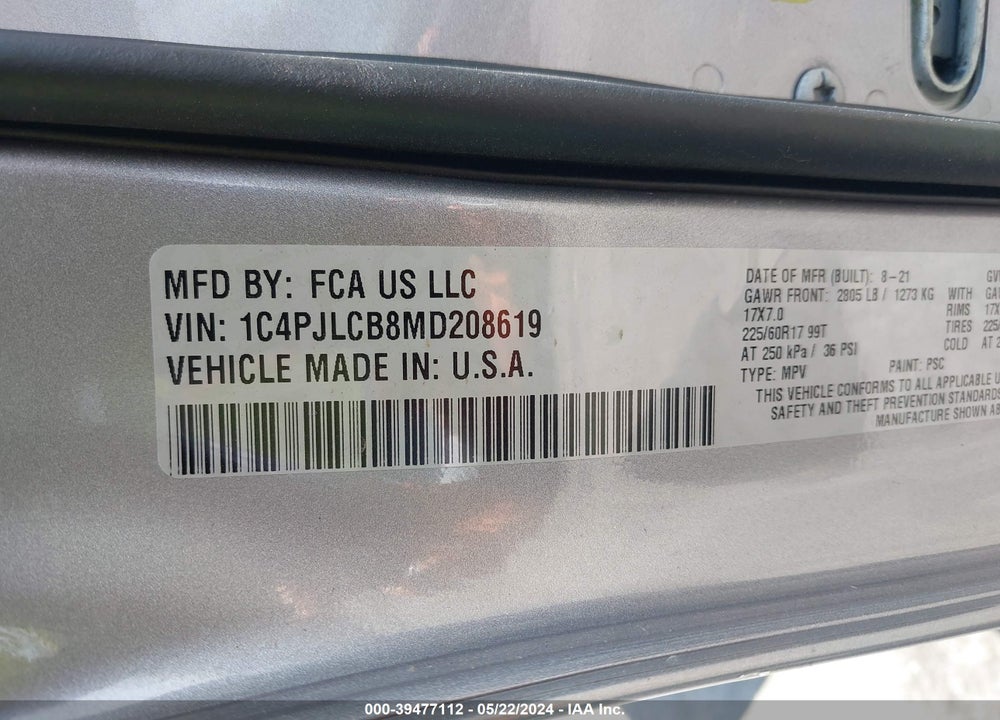 2021 JEEP CHEROKEE LATITUDE FWD VIN: 1C4PJLCB8MD208619