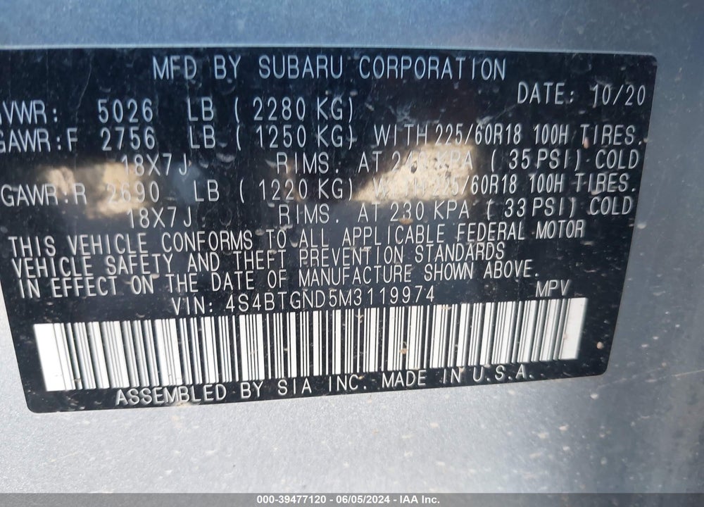 2021 SUBARU OUTBACK LIMITED XT VIN: 4S4BTGND5M3119974