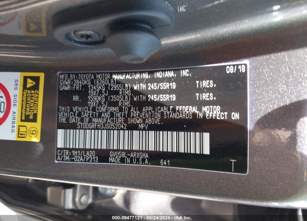 2018 TOYOTA HIGHLANDER HYBRID LIMITED PLATINUM VIN: 5TDDGRFH3JS052042