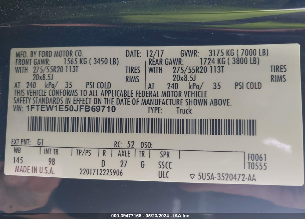2018 FORD F-150 PLATINUM VIN: 1FTEW1E50JFB69710
