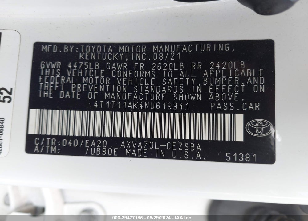 2022 TOYOTA CAMRY SE VIN: 4T1T11AK4NU619941