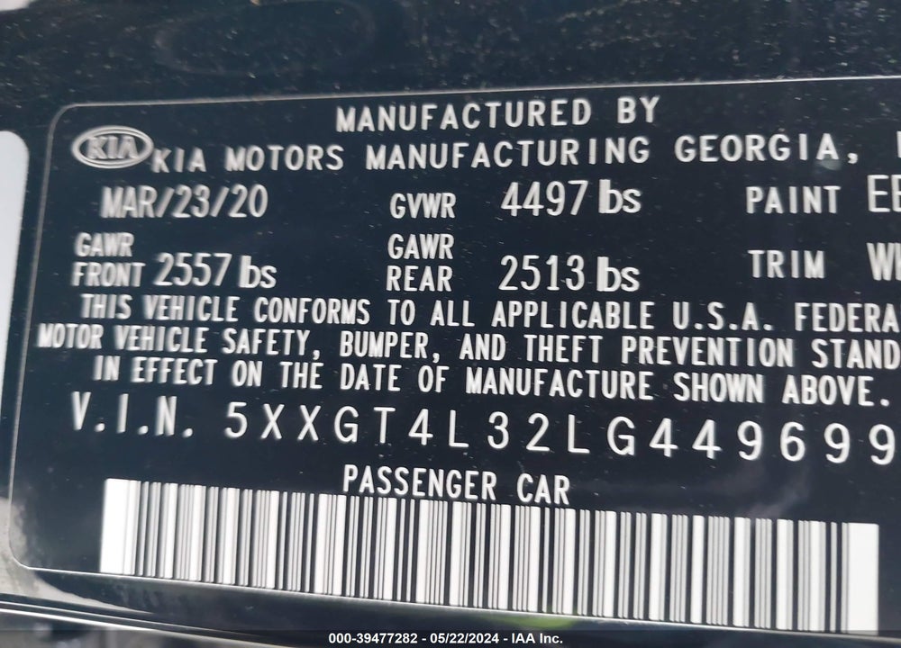2020 KIA OPTIMA LX VIN: 5XXGT4L32LG449699