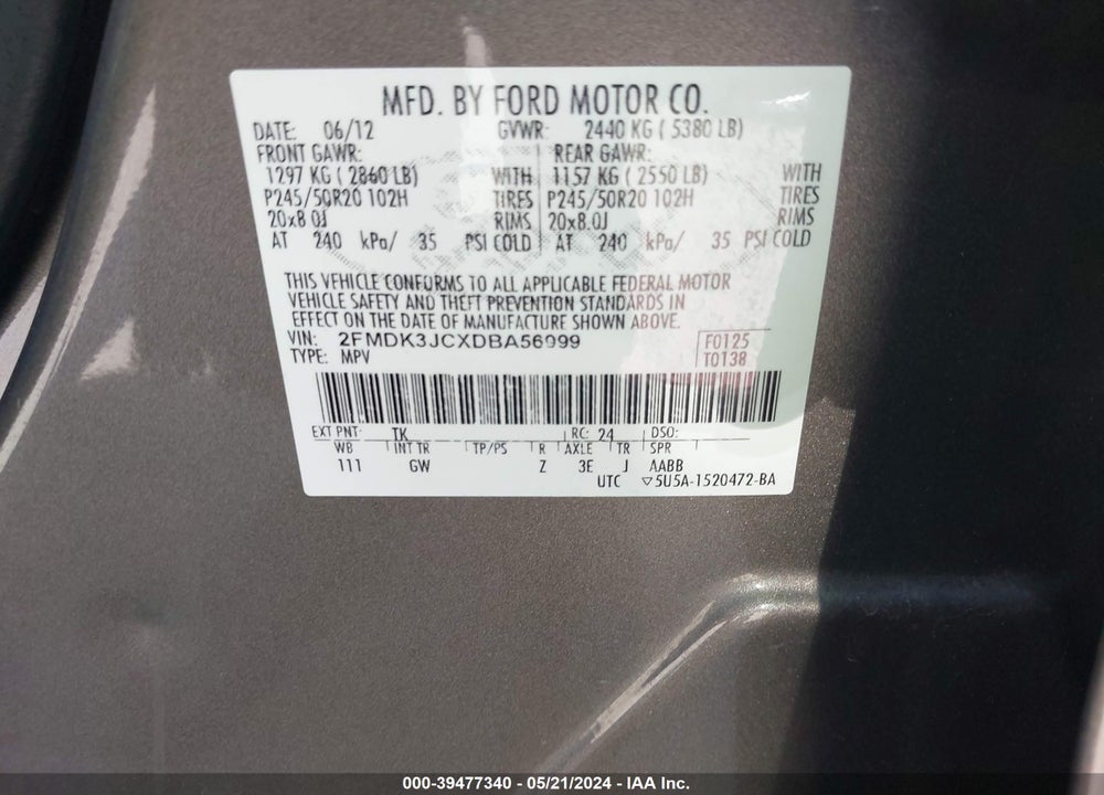 2013 FORD EDGE SEL VIN: 2FMDK3JCXDBA56999