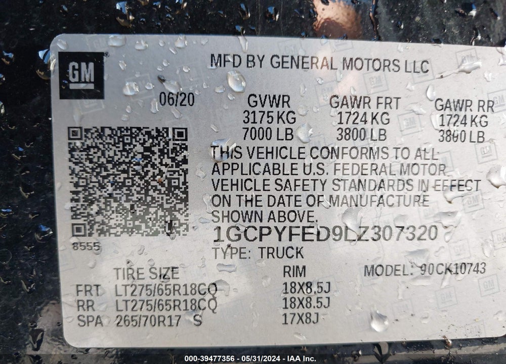 2020 CHEVROLET SILVERADO 1500 4WD STANDARD BED LT TRAIL BOSS VIN: 1GCPYFED9LZ307320