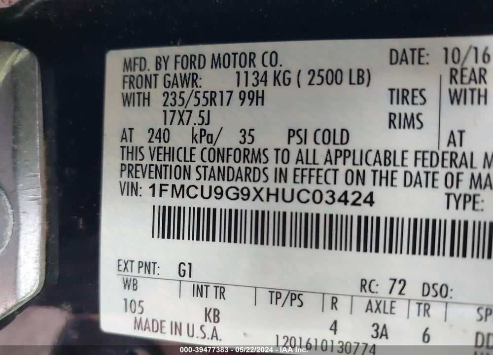 2017 FORD ESCAPE SE VIN: 1FMCU9G9XHUC03424