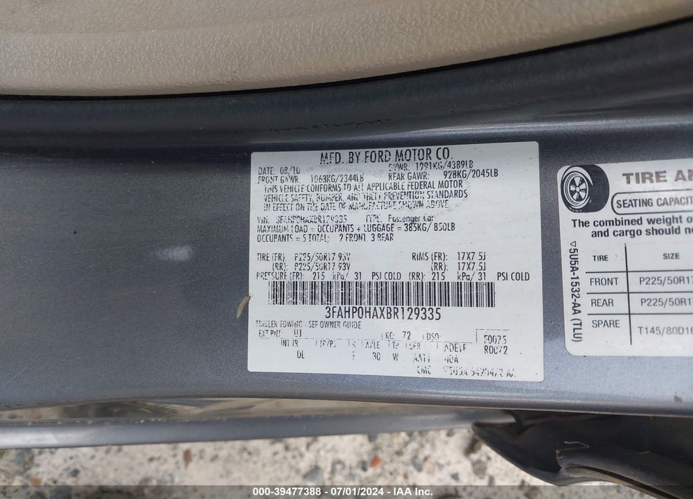2011 FORD FUSION SE VIN: 3FAHP0HAXBR129335