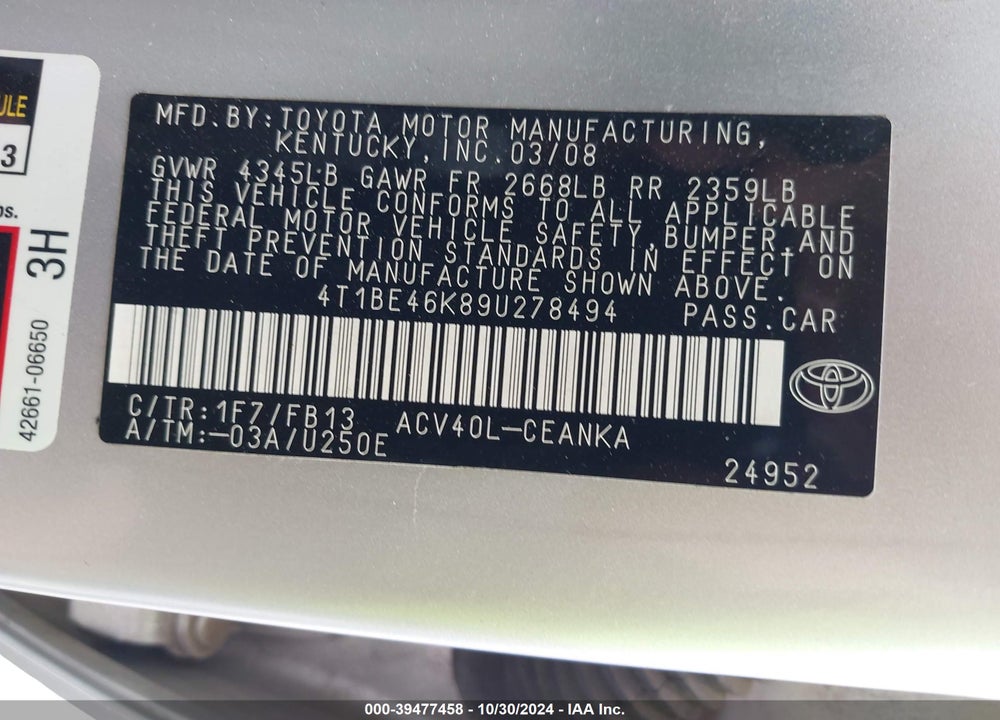 2009 TOYOTA CAMRY LE VIN: 4T1BE46K89U278494
