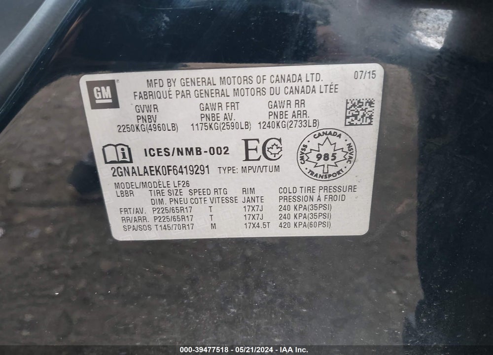 2015 CHEVROLET EQUINOX LS VIN: 2GNALAEK0F6419291